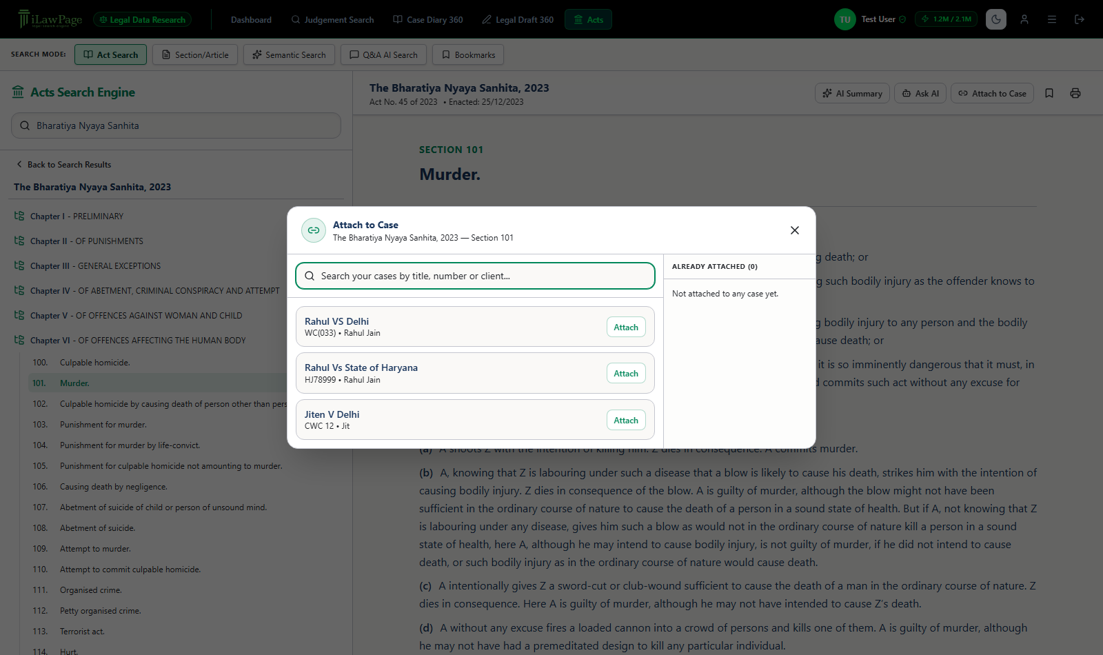 Attach to Case modal with case search on the left and Already Attached list on the right