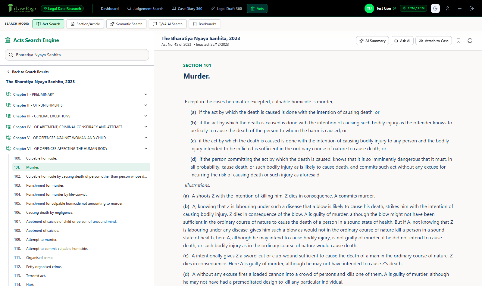 Acts Search Engine reader showing Section 101, Murder, with chapter navigator on the left