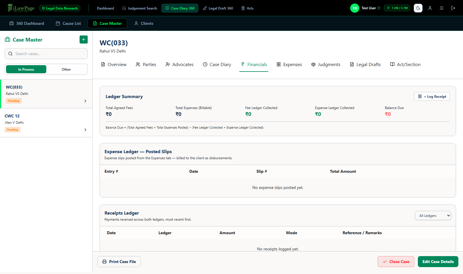 Financials tab showing ledger summary, expense ledger, and receipts ledger