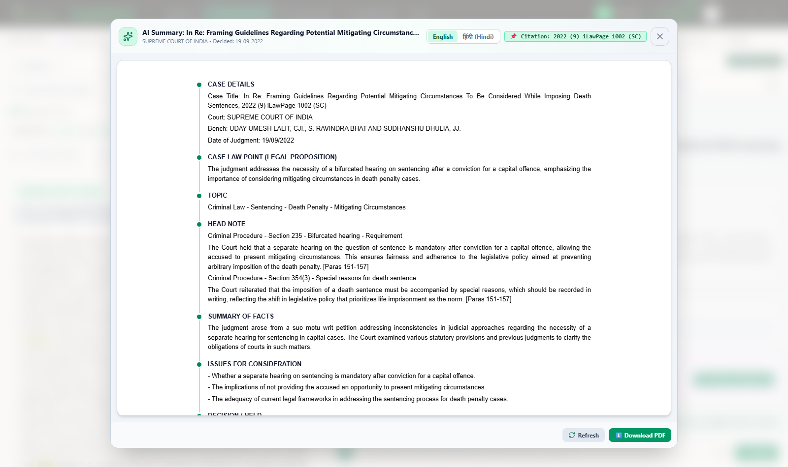 AI Summary panel for a real Supreme Court judgment showing case details, legal proposition, headnote, and issues