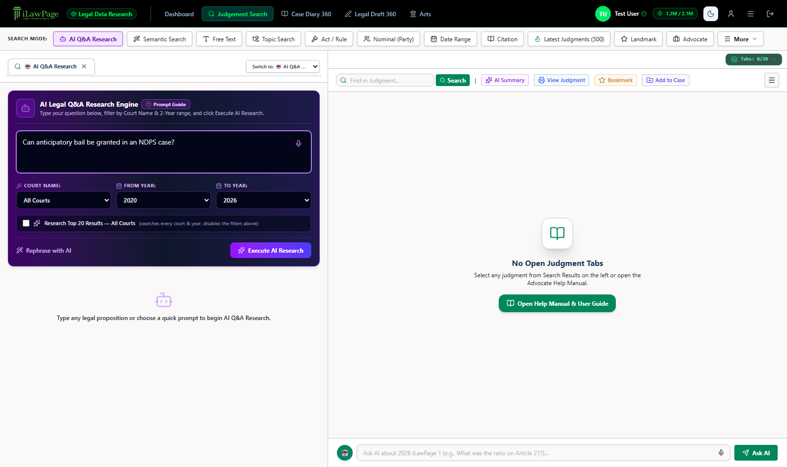 AI Q&A Research input panel with court/year filters and Execute AI Research button