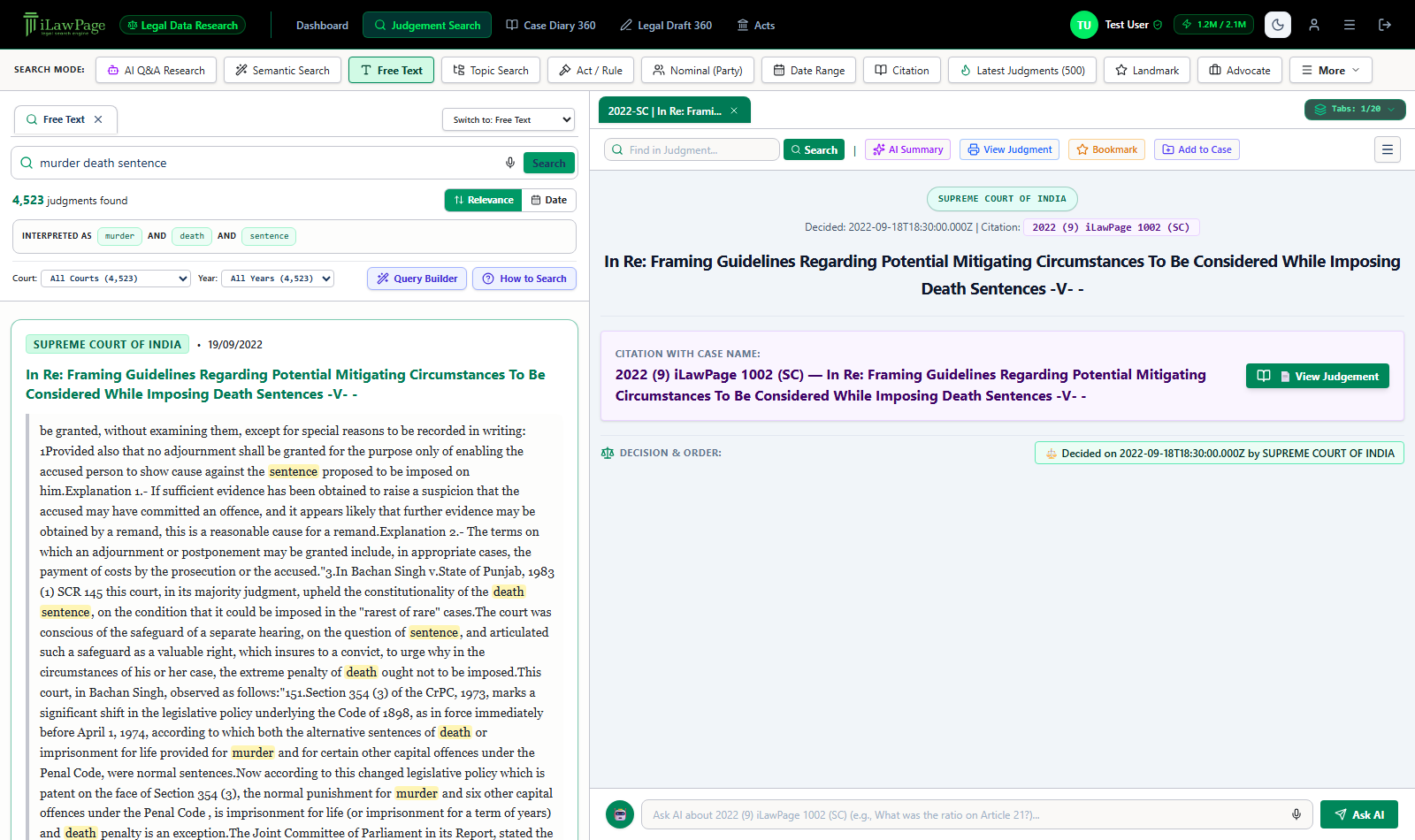 Judgment reader open with the toolbar: Find in Judgment, AI Summary, View Judgment, Bookmark, Add to Case