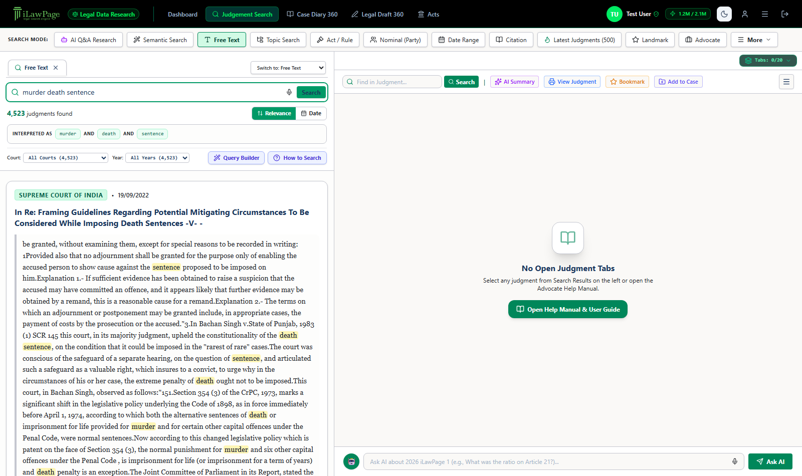 Free text search results list showing 4,523 judgments found with matched terms highlighted