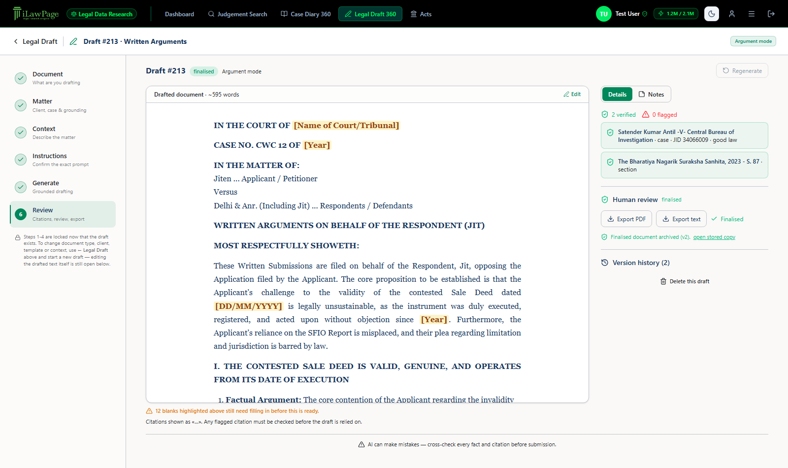 Review step of a finalized draft showing 2 verified citations, 0 flagged, export and version history controls