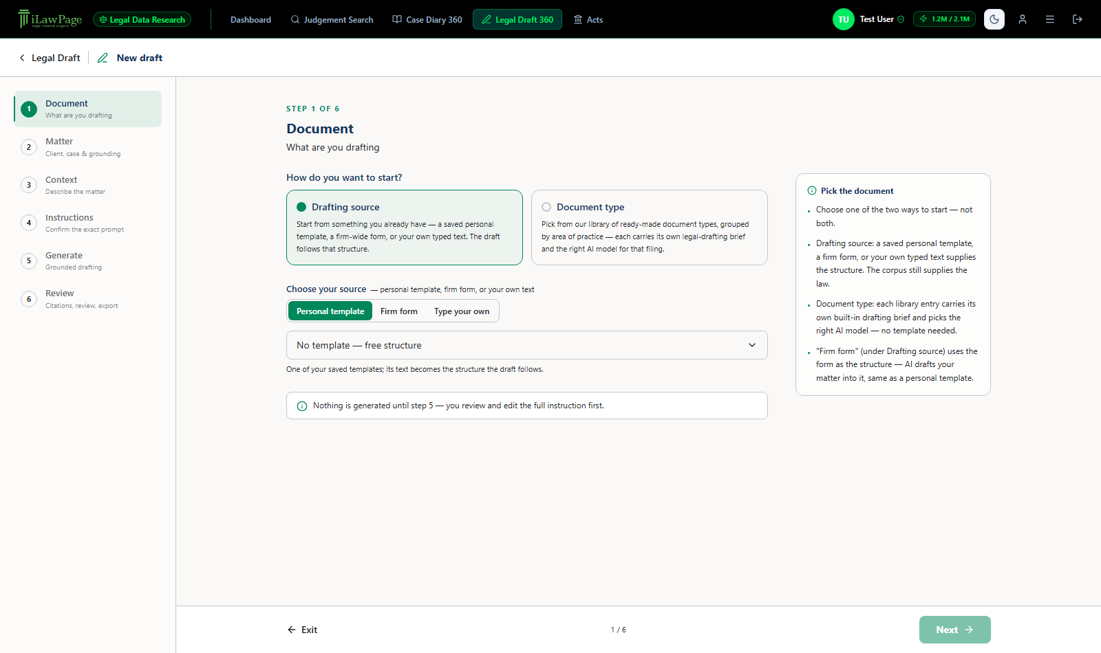 Step 1 of the drafting wizard: choose a drafting source or document type