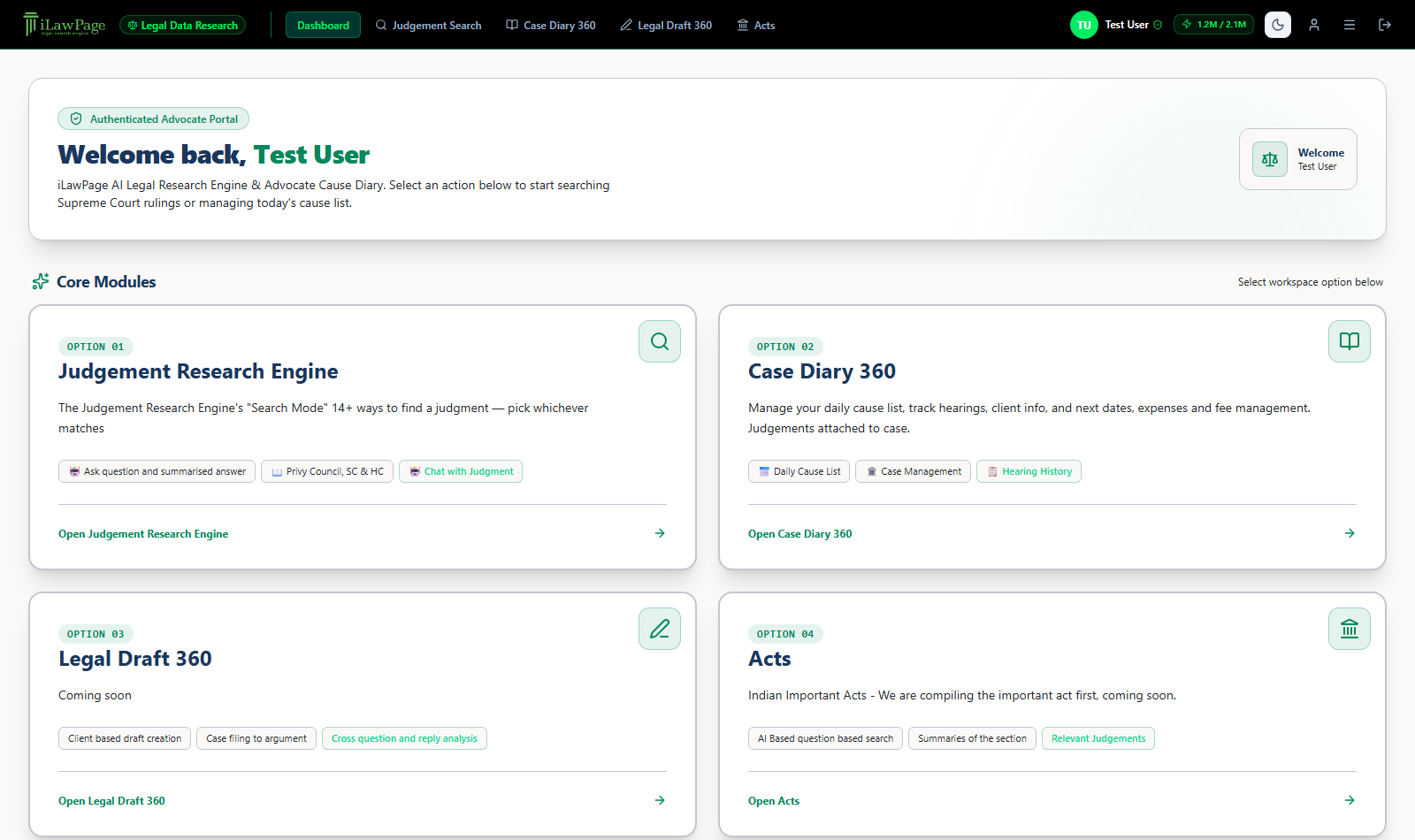 iLawPage dashboard with Judgement Search, Case Diary 360, Legal Draft 360, and Acts modules